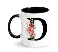 Tasse avec initiales, tasse en céramique avec lettre et fleurs, tasse à café avec initiales, tasse noire, cadeau d'anniversaire pour femme, petit ami, cadeau personnalisé pour anniversaire (D)