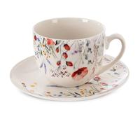 Tasse avec soucoupe en porcelaine - ORION - Maki - 260 ml - Blanc - Motif floral - Compatible lave-vaisselle