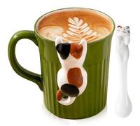 Tasse chat de style japonais - Tasse mignonne - Personnalisable - Avec cuillère suspendue - Cadeau pour femmes, hommes, amoureux des chats, enfants - 350 ml (chat tricolore)