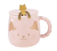 Tasse Chat Japonais - Teinte Rose - Avec Couvercle et Cuillère - Contenance 425 ml - Idée Cadeau Japon, Asie