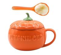 Tasse citrouille avec couvercle et cuillère - Tasse d'automne en céramique | Tasse à café d'Halloween | Bol à soupe en forme de citrouille | Tasses festives pour flocons d'avoine, nouilles et boissons