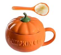 Tasse citrouille avec couvercle et cuillère - Tasse d'automne en céramique | Tasse à café d'Halloween | Bol à soupe en forme de citrouille | Tasses festives pour flocons d'avoine, nouilles et boissons