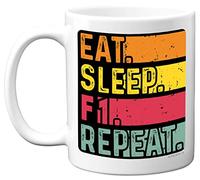 Tasse d'anniversaire pour homme et femme - Eat, Sleep, F1, Repeat - Cadeau d'anniversaire amusant pour les amateurs de sport automobile de Formule 1, 325 ml - Passe au lave-vaisselle
