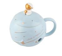 Tasse D'astronaute en Céramique, Jolie Tasse avec Couvercle, Cuillère pour café, thé, Lait, Poignée Ergonomique, Cadeau pour la Maison et le Bureau, 400ml (bleu clair)