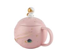 Tasse D'astronaute en Céramique, Jolie Tasse avec Couvercle, Cuillère pour café, thé, Lait, Poignée Ergonomique, Cadeau pour la Maison et le Bureau, 400ml (PINK)