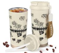 Tasse de voyage isotherme en acier inoxydable avec couvercle, tasse à café à double paroi, anti-fuite, comprend des pailles et une poignée portable, bouteille d'eau à large goulot à imprimé floral,
