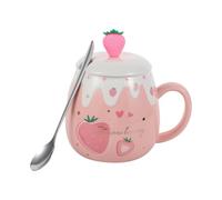 Tasse Décorative à Fraises en Céramique Rose avec Couvercle et Cuillère | Poignée Pratique, Bord Lisse et Support Antidérapant, pour Restaurants et Familles, Style Créatif