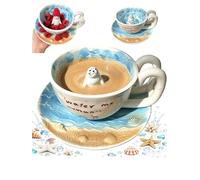 Tasse en céramique avec sceau mignon - Figurine de sceau debout 3D à l'intérieur de la tasse avec soucoupe texturée en coquillages de plage, slogan amusant peint à la main, tasse à café, thé, chocolat
