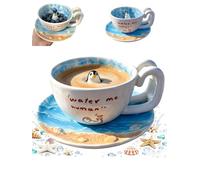 Tasse en céramique avec sceau mignon - Figurine de sceau debout 3D à l'intérieur de la tasse avec soucoupe texturée en coquillages de plage, slogan amusant peint à la main, tasse à café, thé, chocolat