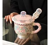 Tasse en céramique peinte à la main avec couvercle et cuillère, tasse à café de style arabe moyen-oriental, disponible à l'unité ou en set, convient pour un usage domestique et au bureau, cadeau idéal