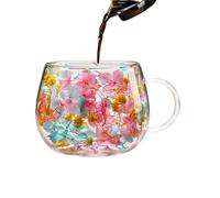 Tasse en verre à couche florale - Double tasse à thé, tasse isotherme de 9,5 cm avec motif pétale de couleur, récipient à boissons, verres à poignée, tasses pour thé chaud, froid, café, whisky, bière