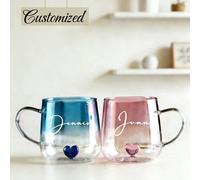 Tasse en verre borosilicaté à simple paroi avec fond en forme de cœur personnalisé, mug en verre isolant résistant à la chaleur avec dégradé bleu pour couple, avec anse, convient pour le lait, le jus,
