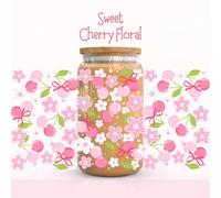 Tasse en verre de 16 oz, autocollant cristal DIY UV DTF à motif floral de cerisier rose doux et mignon. Décalcomanie pour mug, bocal en verre, tumbler de fruits d'été, autocollant élégant pour tasse à