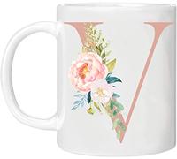 Tasse florale personnalisée avec lettre V - Toute lettre de l'alphabet de 325 ml en céramique, cadeau pour Noël, fête des mères ou fête des pères, pas de véritables paillettes (rose - V)