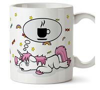 Tasse petit-déjeuner rigolote avec des licornes - Une licorne qui réfléchit à une tasse à café/qui rêve d'une tasse à café. Tasses originales et rig
