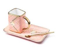 Tasse Sac à Main avec Assiette Cuillere Mug matelassé rose et doré