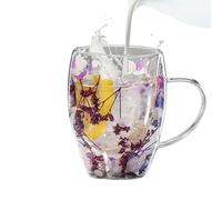 Tasse Verre Double Paroi Ensemble, 350ml Tasse À Café En Verre À Double Paroi Avec Fleurs Séchées Tasses À Latte Macchiato En Verre Transparent, Cadeau De Noël Verre Double Paroi Pour Café, Boissons