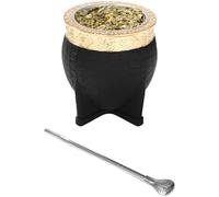 Tasse yerba maté et bombilla, ensemble mug en calebasse pour infusion, avec paille cuillère en acier inoxydable, design noir classique, format 9,9 cm x 8,6 cm, pratique à la maison et en voyage