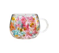 Tasses à Café en Verre à Double Paroi 250ML Coloré Pétale Whisky | gobelet en verre de fleurs séchées isolé avec poignée pour un usage domestique au bureau ou au bar pour thé glacé froid