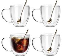 Tasses à café en verre Famanu avec 4 cuillères, 250 ml - Lot de 4 tasses à café isolées avec anse - Pour cappuccino, espresso, latte, thé, boissons chaudes et froides