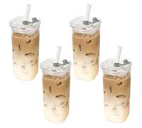 Tasses carrées en verre avec couvercles et pailles 400 ml 2 x 5 pouces Bouteilles d'eau carrées en verre résistant à la température pour café, jus, boissons.