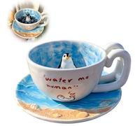 Tasses en céramique avec sceau mignon - Figurine de sceau debout 3D à l'intérieur de la tasse avec soucoupe texturée en coquillages de l'océan, peinte à la main, tasse à café, thé, chocolat chaud pour