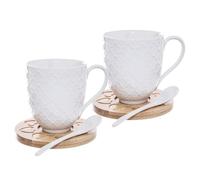 Tasses en porcelaine - Orion - 370 ml - 2 pièces - Blanc - Sous-tasses en bambou - Cuillères incluses