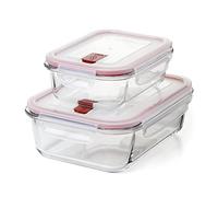 TATAY Boite Alimentaire Verre Cook & Eat | Set 2: 1,5L + 0,64L | Verre Borosilicate | Couvercle Hermétique à Clips, Valve Vapeur | Micro-ondes, Four, Frigo, Congélateur | Sans BPA, Rouge