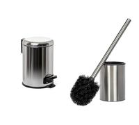 TATAY Poubelle de salle de bain en acier inoxydable avec pédale, capacité de 3L, intérieur amovible, fermeture à pression rembourrée + brosse de bain satinée, construction en acier inoxydable