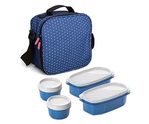 TATAY Sac Isotherme Repas - Urban Food Casual 3L | 4 Boîtes : 2x0,5L + 2x0,2L | Triple Isolation | Corps Semi-Rigide | Poche Intérieure | 22,5x10x22 cm, Bleu à Pois