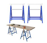 TATIVALO Lot de 2 tréteaux de travail pliables, réglables en hauteur sur 7 positions, 80-131 cm, tréteaux d'échafaudage pliables, en acier galvanisé, laqué bleu, pour chantier, artisanat, jardin