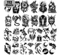 Tatouage Éphémère Autocollant 112 Feuilles Imperméable - Motifs Crânes, Squelettes, Lions et Mort - Application Multiple