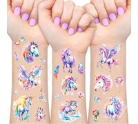 Tatouage Paillette Enfant, 12 Feuilles Tatouages Ephemere Enfant Fille, Anniversaire Cadeaux Cheval à Cornes pour Enfants, Invitation Anniversaire Tatouage, Etanche Tatouage Paillettes Enfants