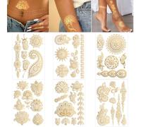Tatouages Éphémère Doré Femme 6 Feuilles Tatouages Bohème,Impermeable Peau Faux Tatouages,Tatouage Temporaire Paillettes Dorées Longue Durée pour Fête Anniversaire Bar Carnaval Maquillage Festival