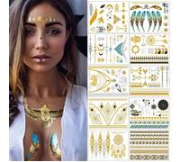 Tatouages temporaires 10 planches métalliques brillants étanches motifs variés pour fête usage adulte enfant