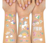 Tatouages temporaires imperméables - 118pcs Groovy Fake Tattoo pour les fournitures de fête d'anniversaire d'enfants, Arts et artisanat licorne arc-en-ciel pour garçons ou filles 6 7 8 9 10 11 12 ans