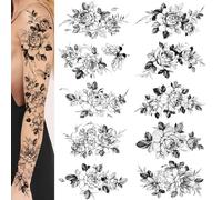 Tatouages temporaires pour femmes, grands tatouages temporaires avec des fleurs, des roses et des papillons, des tatouages exquis avec de grandes fleurs (Large)