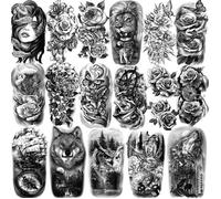 Tatouages Temporaires Réalistes - 77 Feuilles Motifs Lion, Loup, Hibou, Élan, Serpent et Rose - Pour Enfants et Adultes