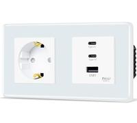 TAWOIA Prise Schuko avec interface de charge rapide de type C et USB de 65 W pour téléphones portables, tablettes et ordinateurs portables, 1 compartiment encastré avec plaque en verre incurvé 2,5D