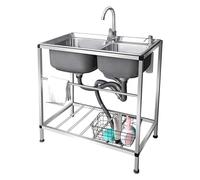 TAXXII Évier Commercial à Double bac pour Cuisine, Grand modèle Utilitaire en Acier Inoxydable pour Restaurants avec Robinet Eau Chaude/Froide, sur Pied, pour intérieur et extérieur, idéa