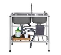 TAXXII Évier de Cuisine à Double bac, kit d'évier de Poste de Travail extérieur autoportant en Acier Inoxydable avec Robinet pour Restaurant Commercial