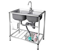 TAXXII Évier Utilitaire en Acier Inoxydable pour Cuisine Professionnelle avec kit de vidange, Double cuve sur Pied avec Robinet Eau Chaude/Froide, idéal pour Garage, Restaurant, Jardin.