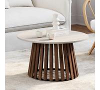 Table basse ronde CARMEN 70 cm pied bois en lattes effet noyer et plateau travertin