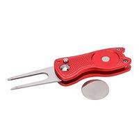 Tbest Outil de Réparation de Divot de, Outil de Fourche de Fixation de Divot, Marqueur de Balle Magnétique en Alliage D'aluminium, Poignée Moletée Ergonomique Pliable pour Les Verts (Rouge)