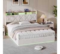 TDRTRD 160x200cm Lit Double avec LED et Prise USB,tête de Lits avec Étagères Ouvertes et Rangement Caché,Lit Coffre avec sommier à Lattes,lit 2 Personnes pour Adultes et Adolescents,Lin Beige