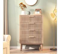 TDRTRD Commode à 4 tiroirs, Commode en Bois Style bohème, Design Creux, Meuble de Rangement Multifonction avec poignée en Bois et Pieds de Support pour Chambre, Salon (Couleur du Bois, 60x34x91cm)
