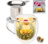 Teabloom Tasse en verre à double paroi résistant à la chaleur avec infuseur en acier inoxydable et couvercle blanc - 430 ml - 2 thés en fleurs inclus