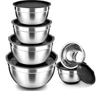 TEAMFAR Lot de 6 bols à mélanger en acier inoxydable avec couvercle, fonds en silicone - Noir, Empilable, Lavable au lave-vaisselle
