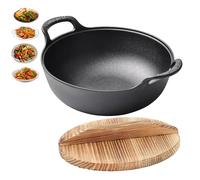 TeamSky Wok en fonte anti-adhésif avec couvercle, 20 cm, wok à fond plat, wok traditionnel non revêtu avec double poignées intégrées pour toutes les tables de cuisson