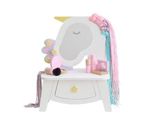 Teamson Kids Dreamy Coiffeuse Licorne Enfant avec Miroir, tiroir Rangement, Crochets étoile, mèches à coiffer, 5 Accessoires Maquillage Jouet, Jeu d’Imitation